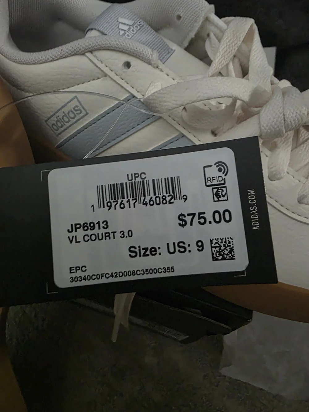 adidas Women’s VL Court 3.0 Sneakers in Core White and Halo Blue with Gum Sole - Picture 6 of 6